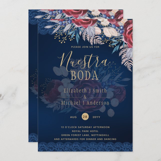 Nuestra Boda Burgundy Blue Floral Lace INVITE (Front/Back)