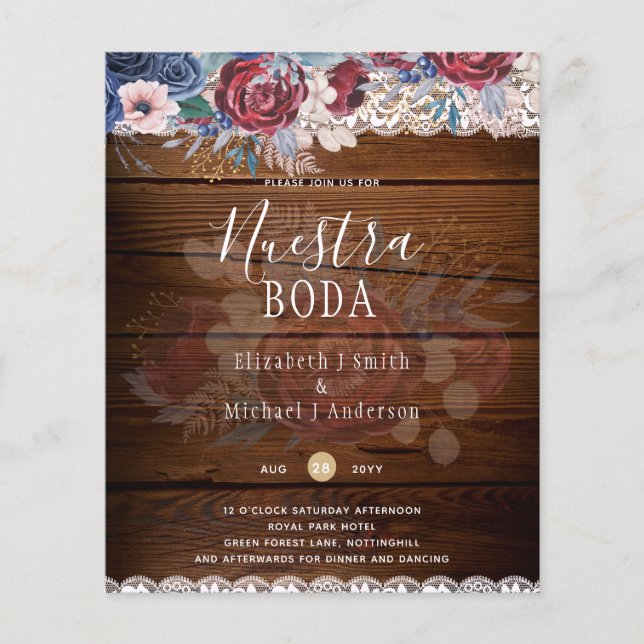 Nuestra Boda Burgundy Blue Floral Lace INVITE Flyer (Front)