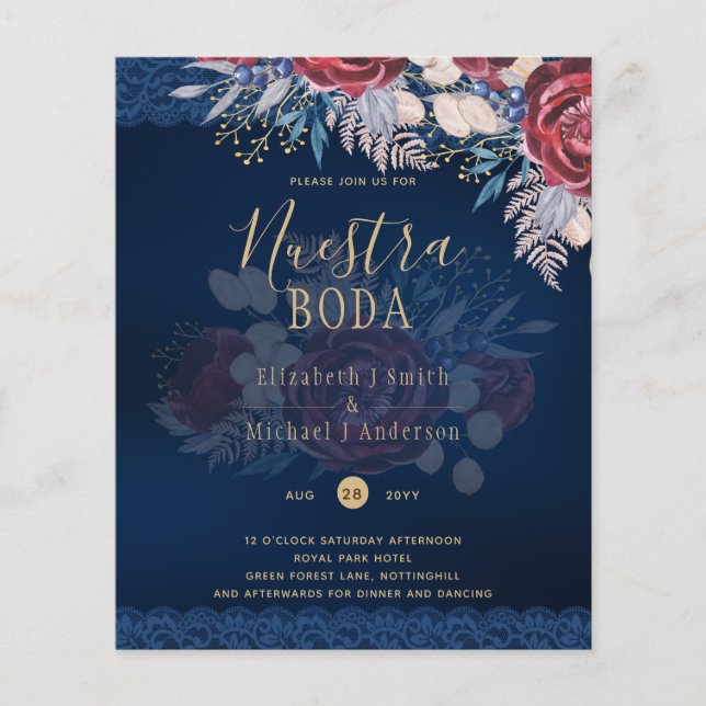 Nuestra Boda Burgundy Blue Floral Lace INVITE Flyer (Front)