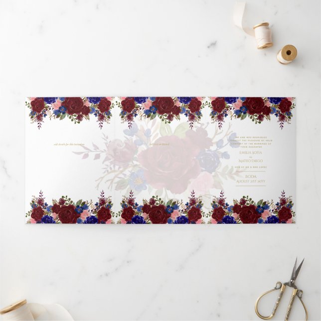 Nuestra Boda Burgundy Blue Floral Wedding Invite (Outside)