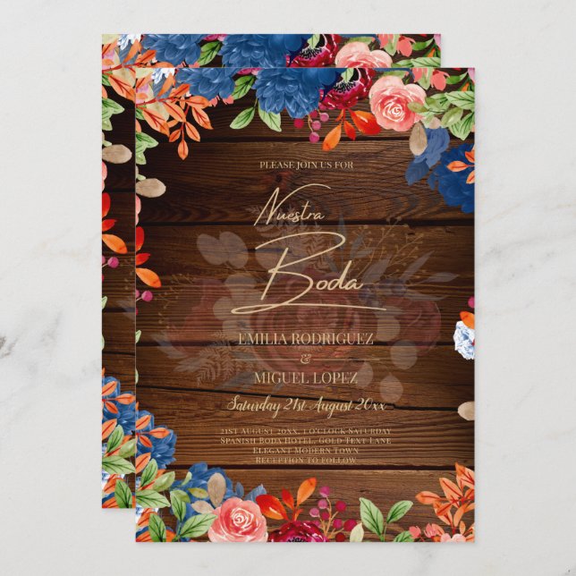 NUESTRA BODA Burgundy Blue Floral Wedding INVITE (Front/Back)