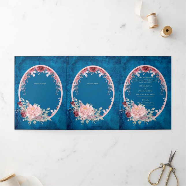 Nuestra Boda Burgundy Blue Floral Wedding Invite (Outside)