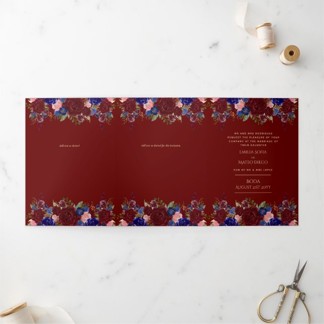 Nuestra Boda Burgundy Blue Floral Wedding Invite (Outside)