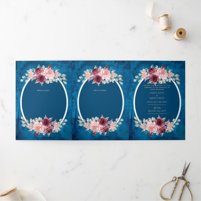 Nuestra Boda Burgundy Blue Floral Wedding Invite (Outside)