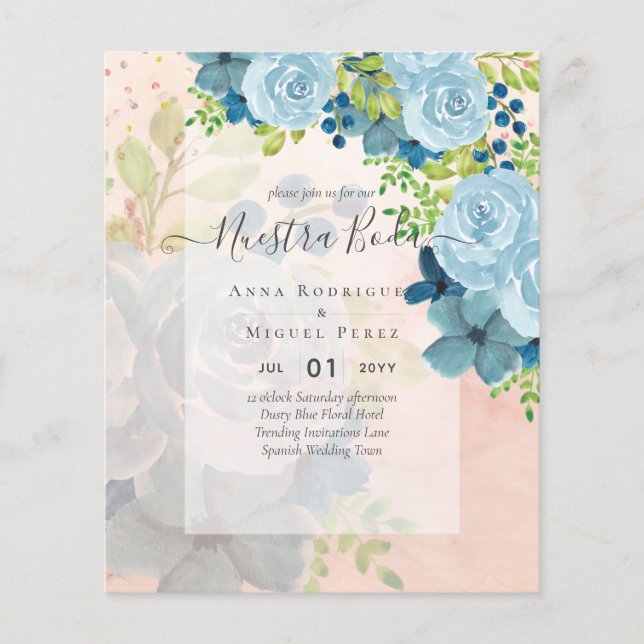 NUESTRA BODA Dusty Blue Floral BUDGET Flyer (Front)