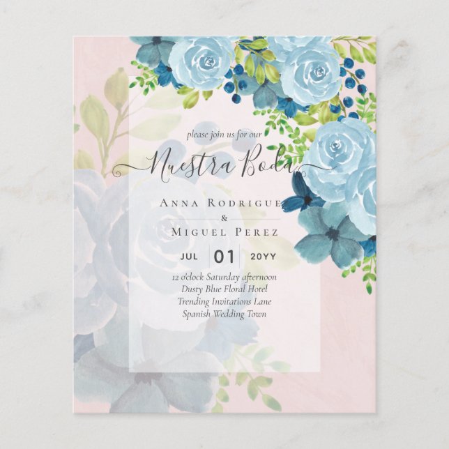 NUESTRA BODA Dusty Blue Floral BUDGET Flyer (Front)