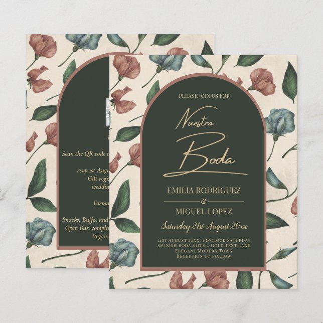 Nuestra Boda Emerald Green Terracotta Fall Invite (Front/Back)