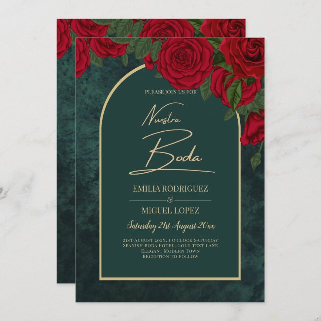 NUESTRA BODA Green Gold RED Roses Winter INVITE (Front/Back)