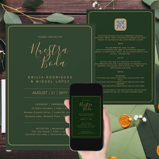 NUESTRA BODA GREEN GOLD RSVP MENU DETAILS QRCode  Invitation (Creator Uploaded)