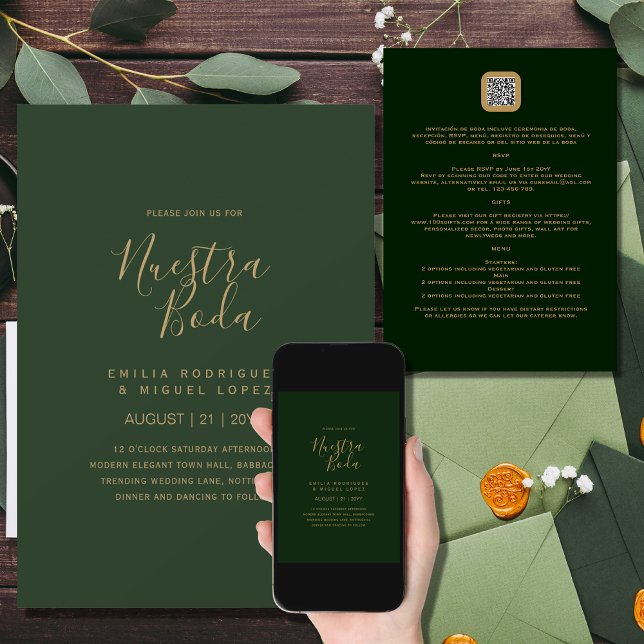 NUESTRA BODA GREEN GOLD RSVP MENU QRCode DETAILS Invitation (Creator Uploaded)