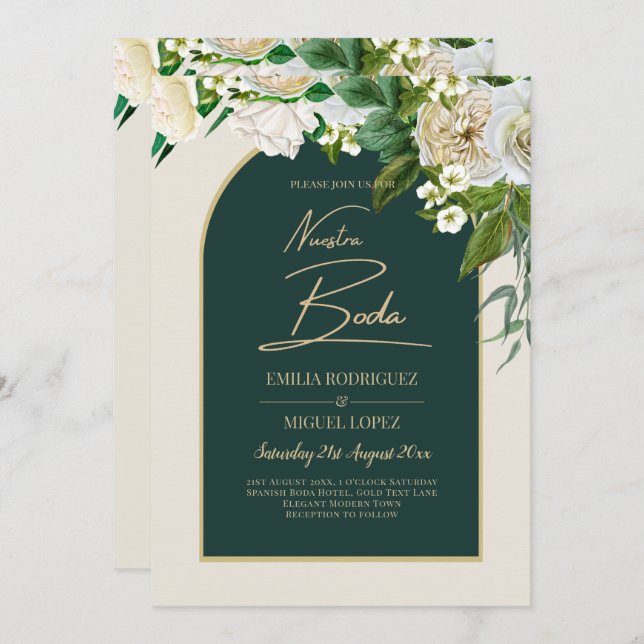 NUESTRA BODA Green Gold White Roses Winter INVITE (Front/Back)
