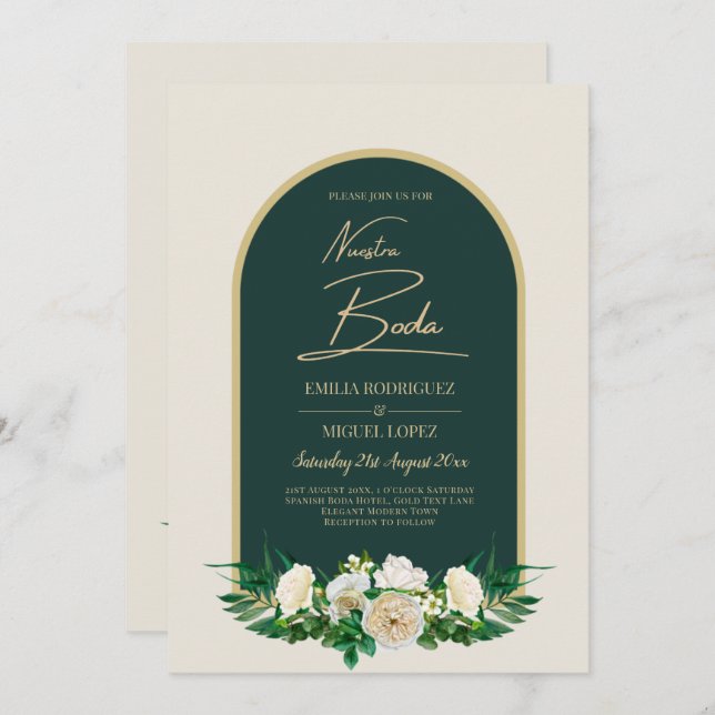 NUESTRA BODA Green Gold White Roses Winter INVITE (Front/Back)