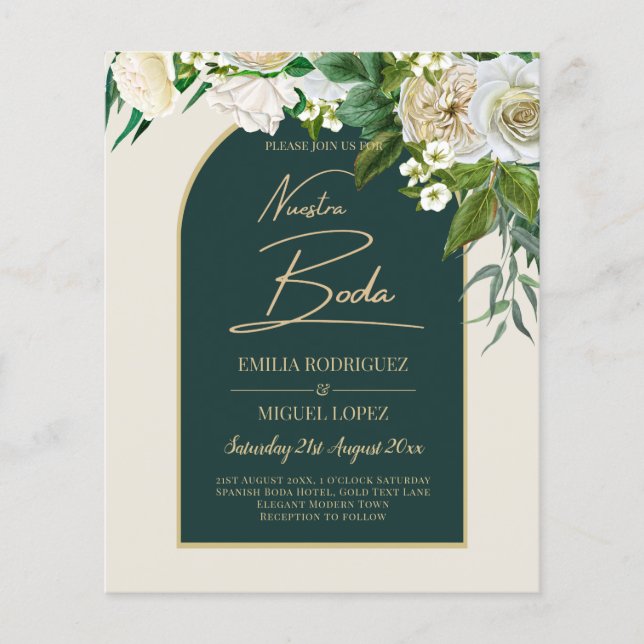 NUESTRA BODA Green Gold White Roses Winter INVITE Flyer (Front)