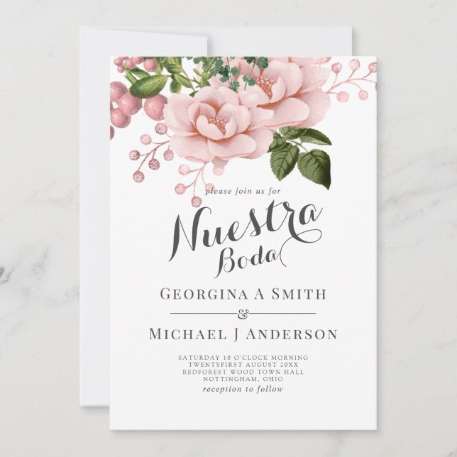 Nuestra Boda Invitacion - Blush Pink Roses Bouquet Invitation (Front)