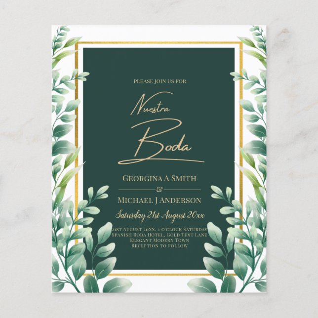 Nuestra Boda Invitacion Greenery Gold Flyer (Front)