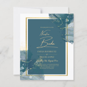 NUESTRA BODA Peacock Blue Gold Wedding Invite