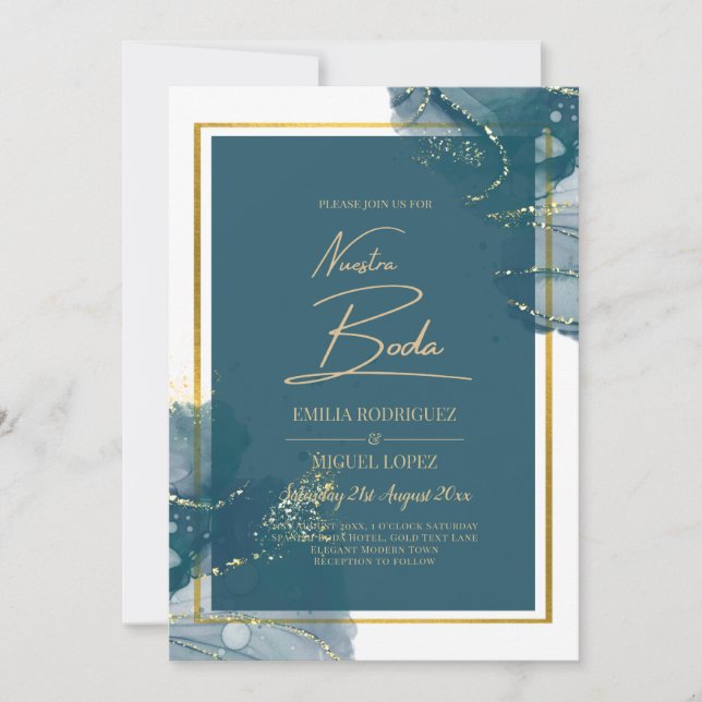 NUESTRA BODA Peacock Blue Gold Wedding Invite (Front)