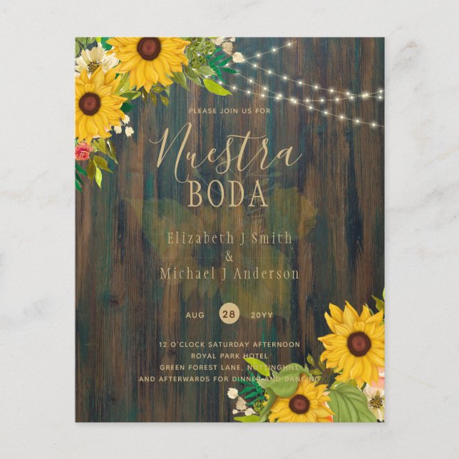 NUESTRA BODA Sunflowers Rustic Wood INVITE Flyer (Front)