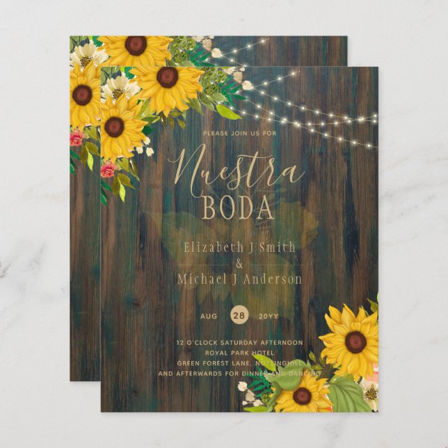 NUESTRA BODA Sunflowers Rustic Wood Wedding Invite (Front/Back)