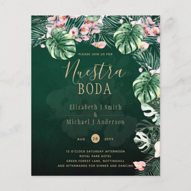NUESTRA BODA Tropical Green Pink Floral Invite Flyer (Front)