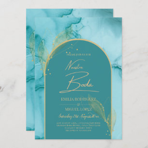 NUESTRA BODA Turquoise Teal Gold Wedding INVITE