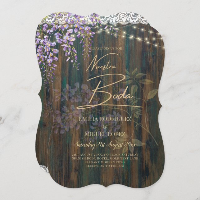 NUESTRA BODA Wisteria Wood Lace Lights Wedding Inv Invitation (Front/Back)