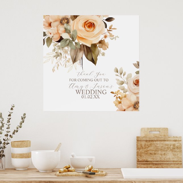 Nuetral Beige Floral Botanical Wedding Brown Poster (Kitchen)