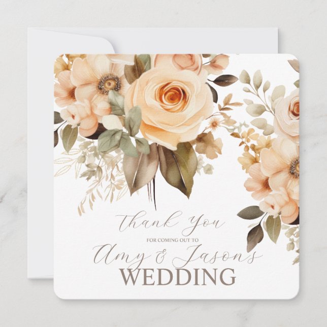 Nuetral Beige Floral Botanical Wedding Brown Thank You Card (Front)
