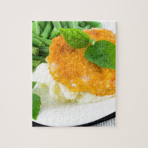 Nuggets of chicken, mashed potatoes and green bean jigsaw puzzle