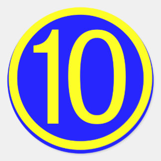 number 10 in a circle, blue background classic round sticker