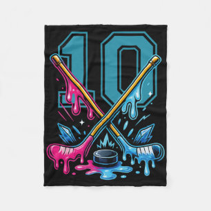 Number 10 Years Ice Cream Drip Hockey 10th Birthda Fleece Blanket