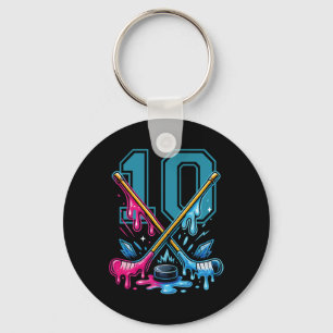Number 10 Years Ice Cream Drip Hockey 10th Birthda Key Ring