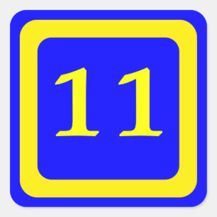 number 11, blue background, yellow frame square sticker