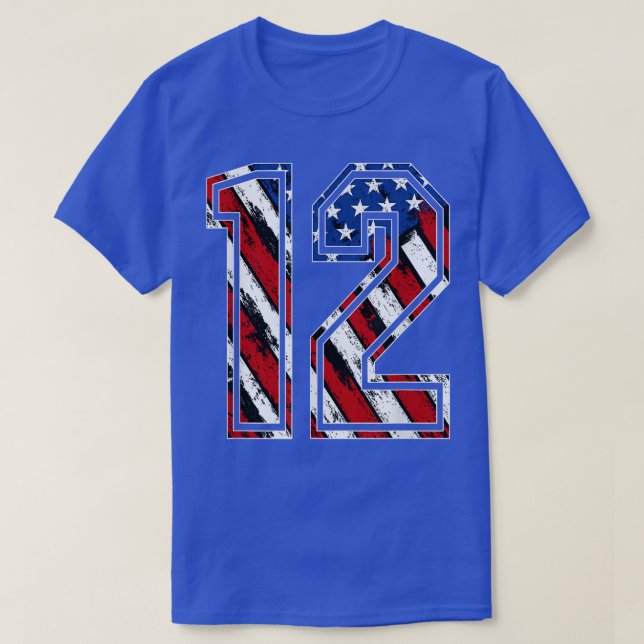 Number 12 Red White and Blue American Flag 12 Jers T-Shirt (Design Front)