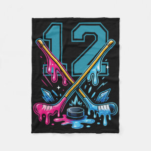 Number 12 Years Ice Cream Drip Hockey 12th Birthda Fleece Blanket
