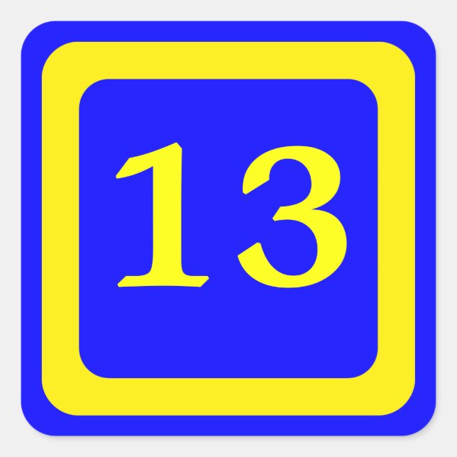 number 13, blue background, yellow frame square sticker (Front)