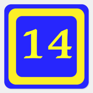 number 14, blue background, yellow frame square sticker