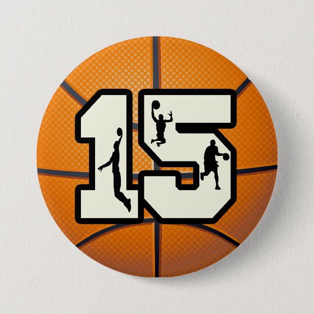 Number 15 Basketball and Players 7.5 Cm Round Badge (Front)