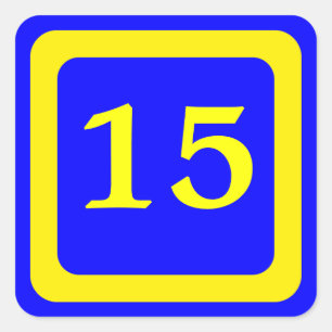 number 15, blue background, yellow frame square sticker