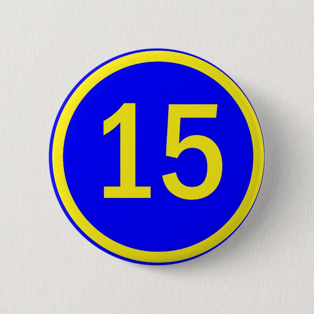 number 15 in a circle 6 cm round badge (Front)