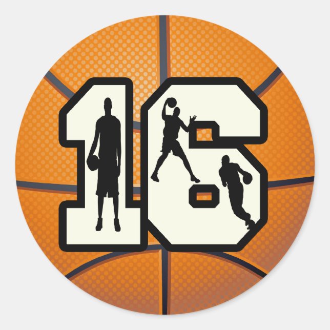 Number 16 Basketball and Players Classic Round Sticker (Front)