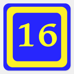 number 16, blue background, yellow frame square sticker