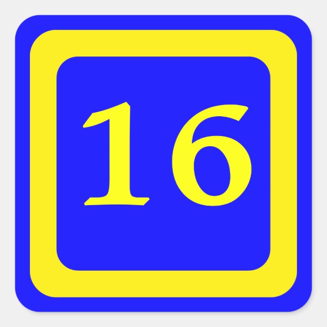 number 16, blue background, yellow frame square sticker (Front)