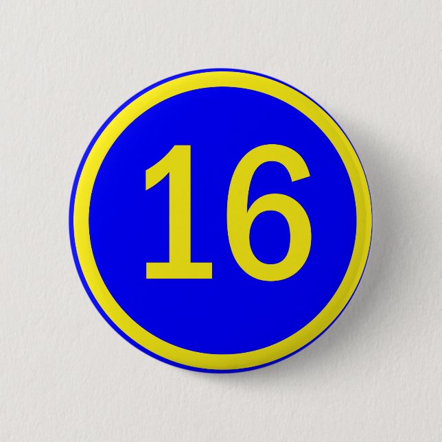 number 16 in a circle 6 cm round badge (Front)