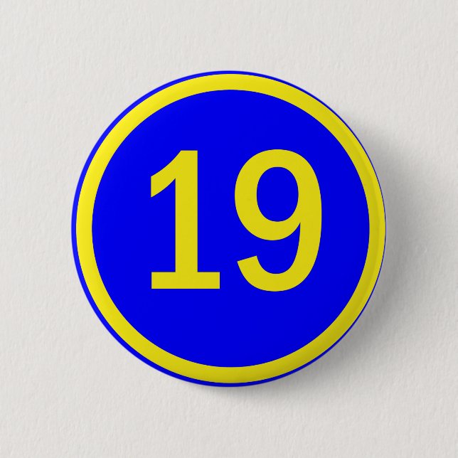 number 19 in a circle 6 cm round badge (Front)