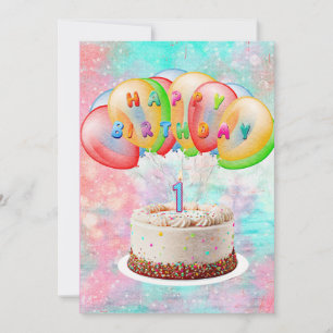Number 1 Candle on Cake, Happy Birthday, Colourful Thank You Card
