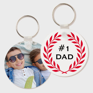 Number 1 Dad Custom Photo Laurel Wreath Red Key Ring