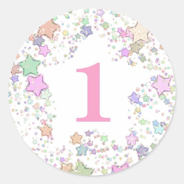 Number 1 ONE First Birthday Pastel Stars Classic Round Sticker (Front)