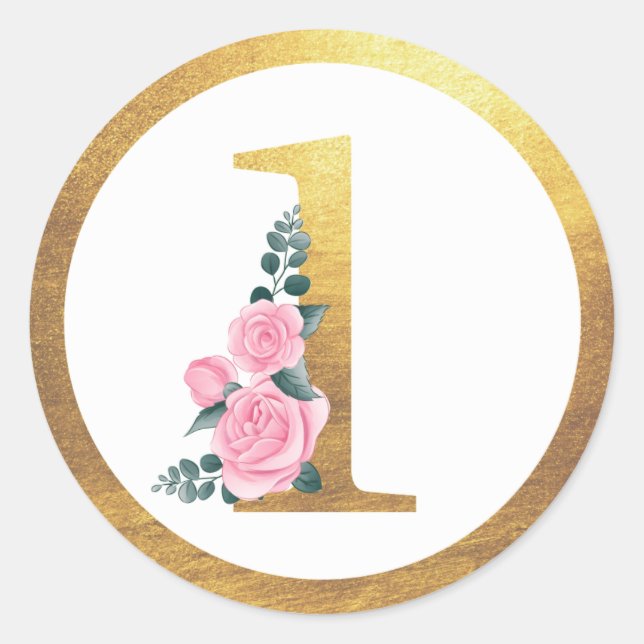 Number 1 One Pink Roses Floral & Elegant Gold Classic Round Sticker (Front)