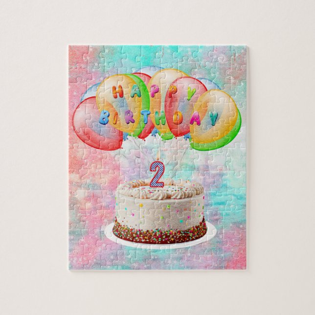 Number 2 Candle on Cake, Happy Birthday, Colourful Jigsaw Puzzle (Vertical)